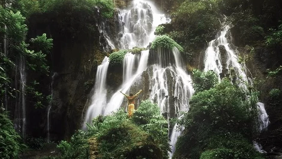 Tumpak Sewu waterfall cascading down into the pool, surrounded by lush greenery 5