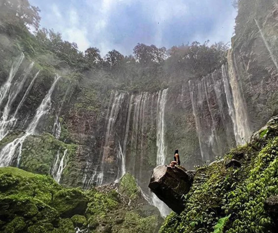 Tumpak Sewu waterfall cascading down into the pool, surrounded by lush greenery 1